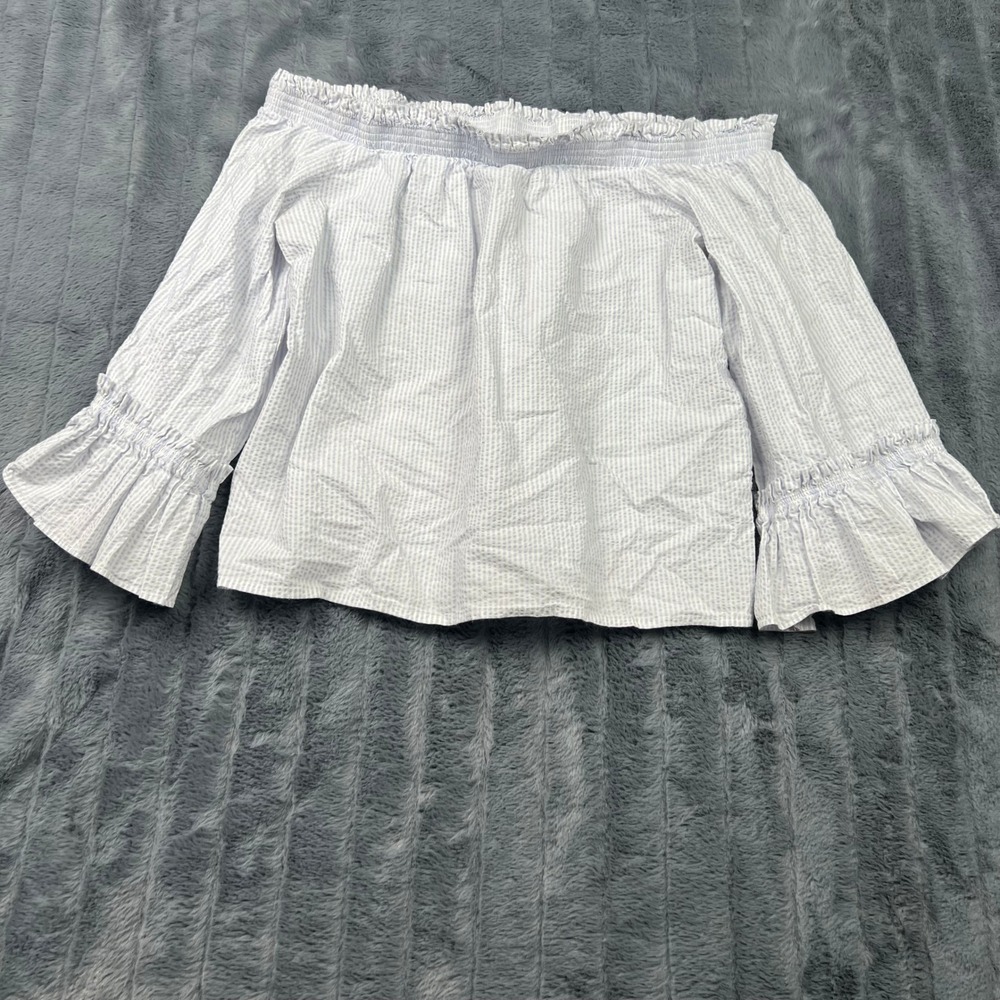 Banana Republic Womens XS Blue White Seersucker Off Shoulder Ruffle Cuff Blouse